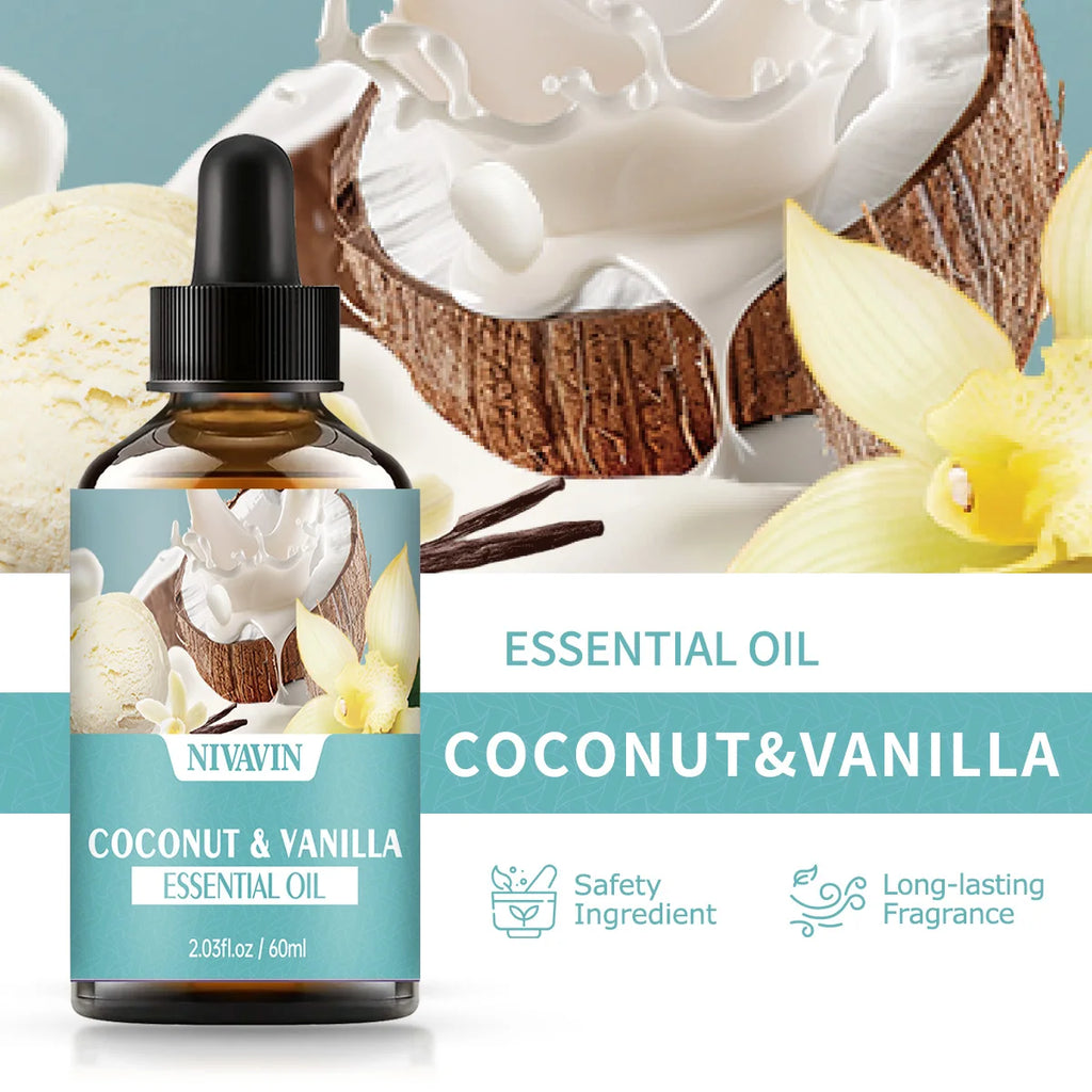 30ml/60ml/100ml NIVAVIN Coconut and Vanilla Essential Oil Body Massage Skin Care Hydrating Moisturizing and Air Freshening