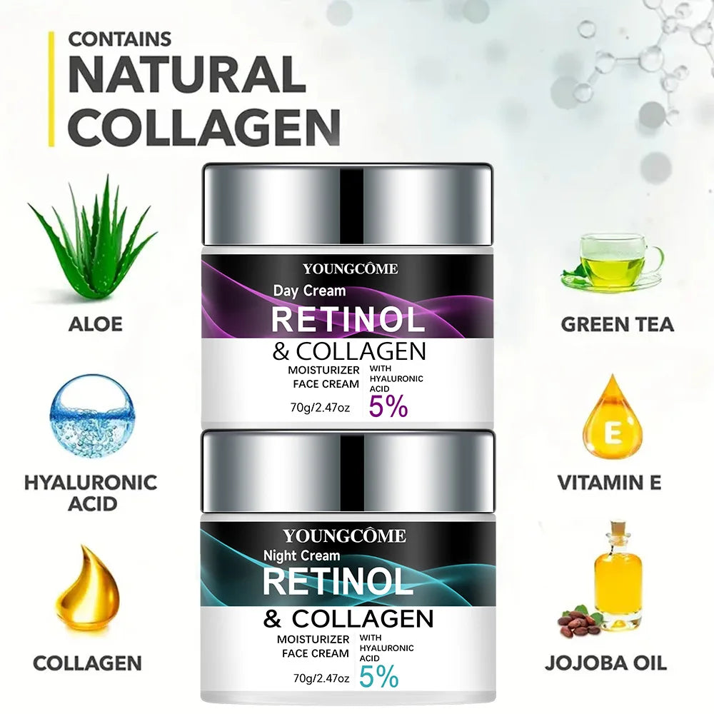 Retinol & Collagen Day Night Moisturizer with Hyaluronic Acid - Hydrating Face Cream for Tender Skin | All Skin Types Organic Fo