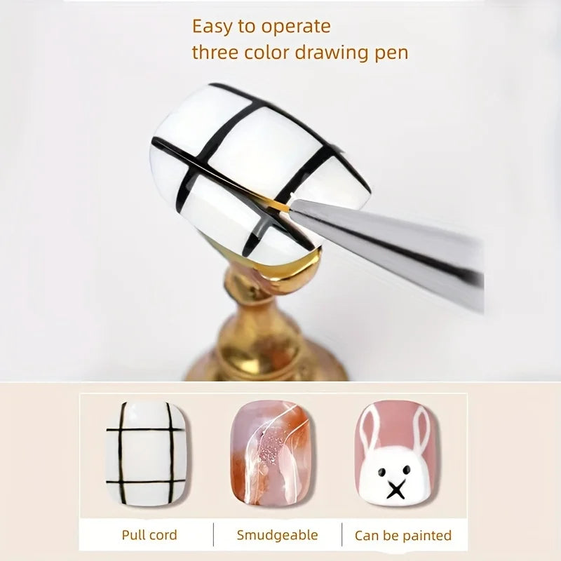 Nail Art Liner Brush Set, 7mm/9mm/11mm UV Gel Painting Nail Art Design Brush Metal Handle Nail Drawing Pens