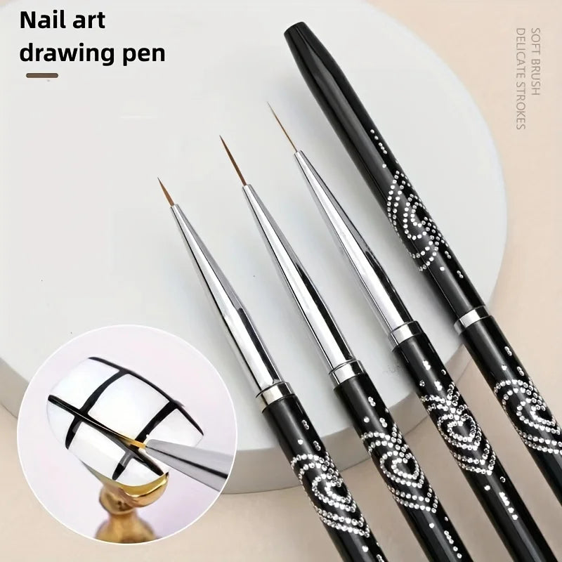 Nail Art Liner Brush Set, 7mm/9mm/11mm UV Gel Painting Nail Art Design Brush Metal Handle Nail Drawing Pens
