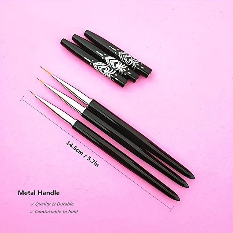 Nail Art Liner Brush Set, 7mm/9mm/11mm UV Gel Painting Nail Art Design Brush Metal Handle Nail Drawing Pens